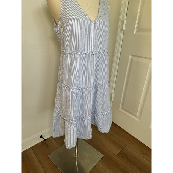 J. Crew Seersucker Ruffle Tiered Mini Dress Blue White Striped 6 Coastal Prairie - Picture 15 of 16